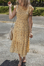 Yellow Boho Floral Print Ruffle Smocked Flowy Summer Dress