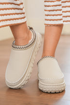White Contrast Stitch Detail Faux Suede PU Patchwork Plush Winter Clog Slippers