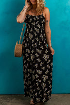 Black Floral Spaghetti Strap Shirred Bodice Tied Empire Waist Maxi Dress