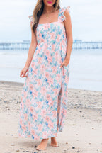 Pink Floral Print Square Neck Backless Long Dress with Slit