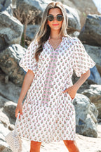 Pink Floral Print Bubble Sleeve Neck Tie Ruffled Dress