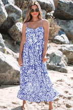 Sky Blue Floral Print Spaghetti Strap High Waist Maxi Dress