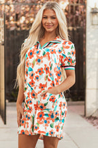 Orange Contrast Trim Floral Split Neck Puff Short Sleeve Tiered Mini Dress