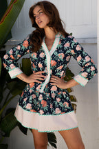 Blue Floral Print Striped Trim V Neck Long Sleeve Ruffle Hem Shift Mini Dress