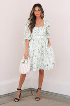 Beige Floral Print Square Neck Shirred Back Puff Sleeve Mini Dress