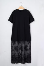Black Floral Patchwork Short Sleeve T Shirt Loose Maxi Dress