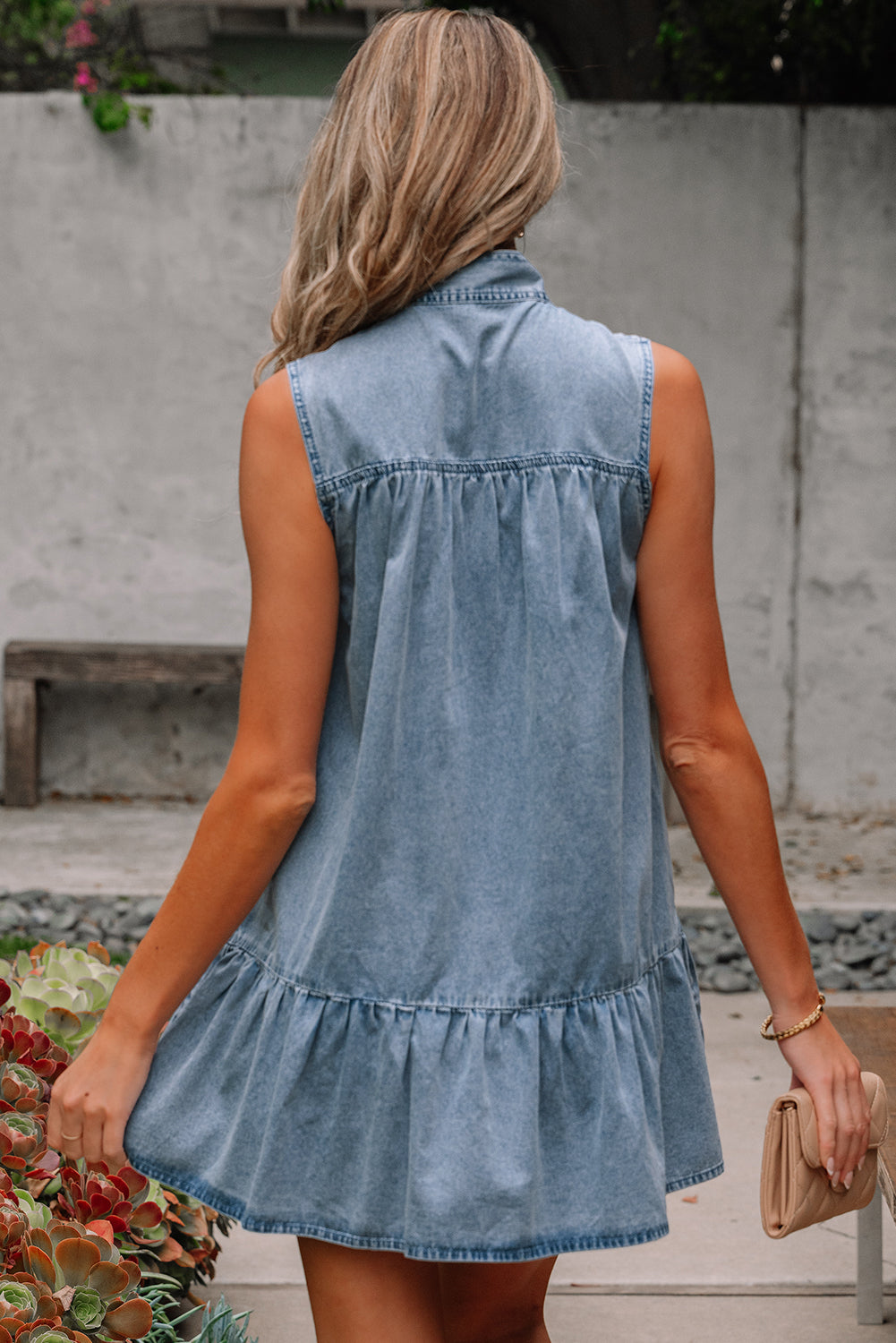 Beau Blue Bowknot Neck Sleeveless Ruffled Chambray Dress