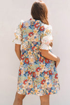 Multicolour Boho Floral Print Crochet Patchwork V Neck Loose Mini Dress