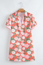 Fresh Salmon Floral Print Contrast Striped Trim Polo Collar T Shirt Dress