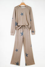 Khaki Retro Star Print Loose Long Sleeve Drawstring Wide Leg 2pcs Lounge Set