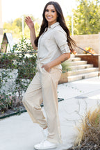 Khaki Stripe Print Wide Leg Drawstring Elastic Waistband Pants