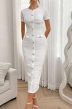 White Button Decor Fake Pocket Short Sleeve Textured Knit Bodycon Midi Dress