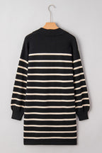 Black Stripe Polo Collar Puff Sleeve Sweater Mini Dress