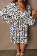 Multicolour Leopard Print V Neck Button Detail Long Sleeve Mini Dress