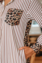Brown Stripe Contrast Leopard Patchwork Long Shirt Dress with Slits