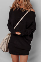 Black Asymmetric Neck Batwing Sleeve Shift Mini Sweater Dress
