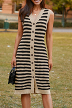 Parchment Buttoned Front Pencil Midi Sleeveless Sweater Dress