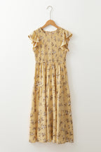 Yellow Boho Floral Print Ruffle Smocked Flowy Summer Dress