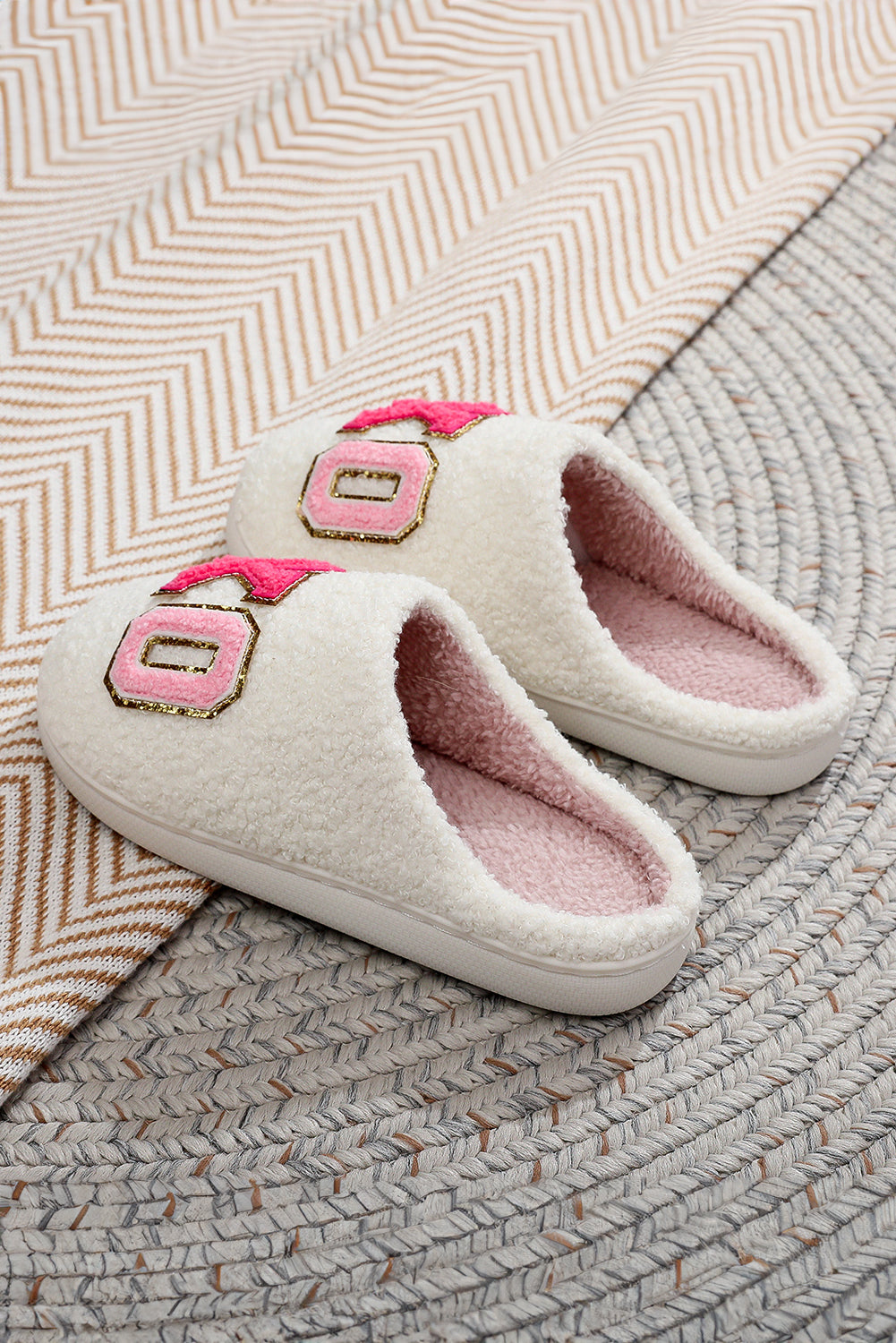 Pink XO XO Glitter Trim Letter Patched Plush House Slippers