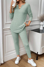 Grass Green Ribbed Notched Neck Knit Long Sleeve Leggings Two Pieces Lounge Set