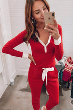 Fiery Red Contrast Trim Button V Neck Ribbon Bow Knot Waist 2pcs Lounge Pant Set