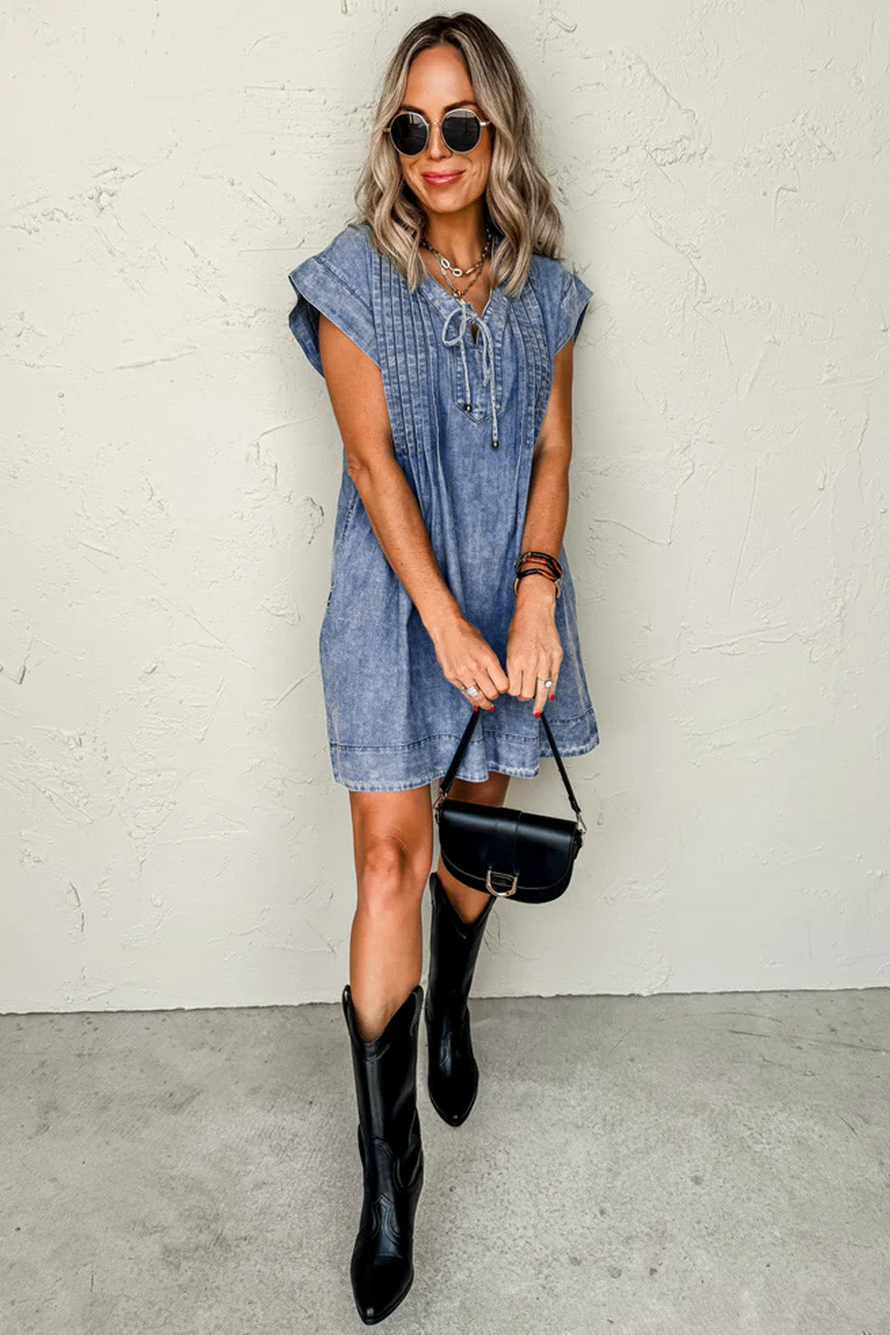 Beau Blue Tie V Neck Tucking Detail Short Sleeve Denim Shift Dress