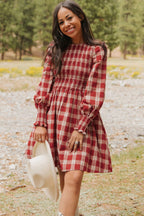 Red Plaid Print Smocked Puff Sleeve Mini Dress