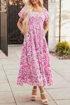 Pink Dainty Floral Smocked Puff Sleeve Flowy Long Dress