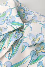 Green Floral Print Shirtcollar Buttoned Short Sleeve Shift Dress