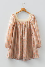 Khaki Floral Print Contrast Velvet Bow Lace Patchwork Long Sleeve Loose Mini Dress