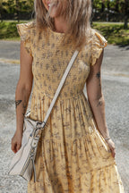Yellow Boho Floral Print Ruffle Smocked Flowy Summer Dress
