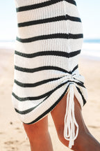 Black Stripe Knitted Drawstring Detail Sleeveless Dress