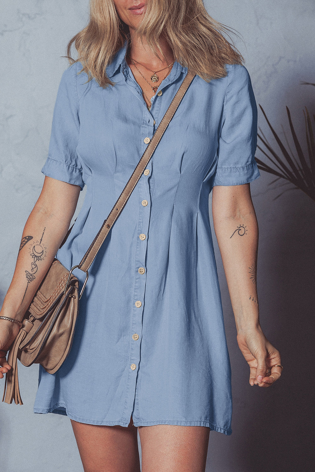 Myosotis Denim Pleated Slim Waist Short Sleeve Shirt Dress
