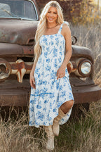 Sky Blue Floral Print Shirred Knot Shoulder Sleeveless Long Dress