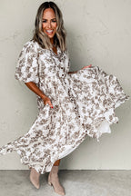 Khaki Floral Puff Sleeve V Neck Buttoned Front Maxi Dress