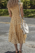 Yellow Boho Floral Print Ruffle Smocked Flowy Summer Dress