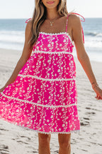 Pink Floral Print Ric Rac Patched Sleeveless Mini Dress