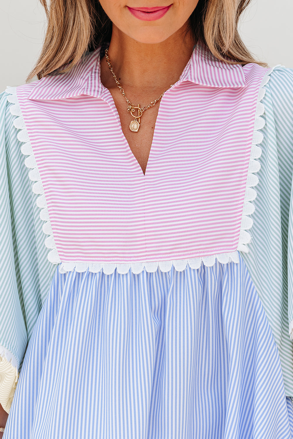 Multicolour Striped Patchwork Ric Rac Puff Sleeve Collared Mini Dress