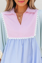 Multicolour Striped Patchwork Ric Rac Puff Sleeve Collared Mini Dress