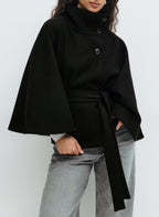 Elegant High Neck Batwing Sleeve Coat With Belt