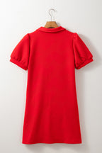 Fiery Red Textured Collared V Neck Puff Short Sleeve Shift Mini Dress