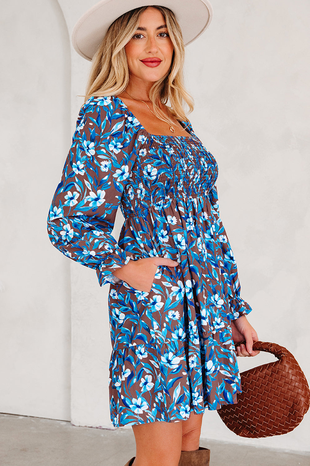Blue Smocked Bodice High Waist Ruffled Sleeve Floral Dress