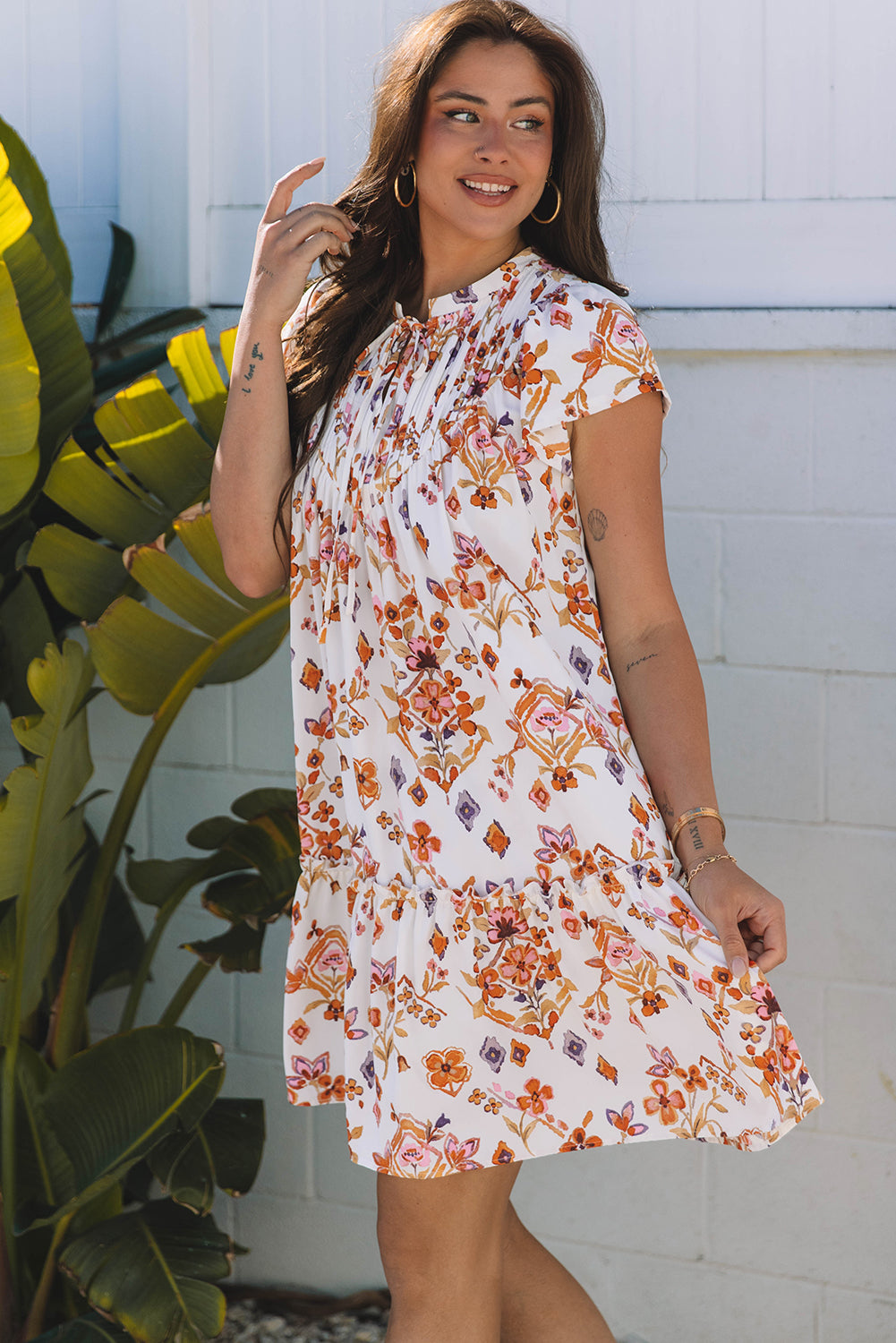 Apricot Floral Geometric Print Ruffled Trim Flutter Sleeve Mini Dress