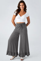Black Ruffled Wide Leg Pull On High Waist Pants with Pockets