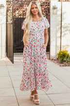 Pink Floral Puff Sleeve Square Neck Empire Waist Tiered Maxi Dress
