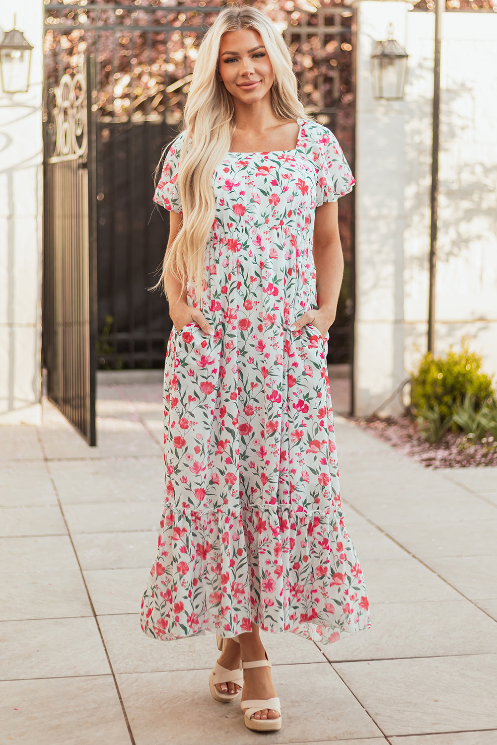 Pink Floral Puff Sleeve Square Neck Empire Waist Tiered Maxi Dress