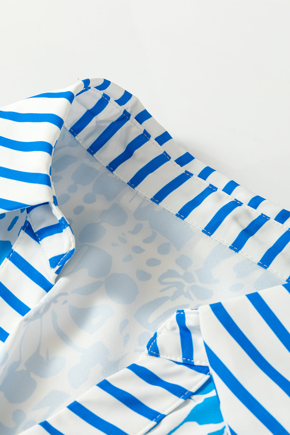 Sky Blue Contrast Striped Trim Floral Shift Fit Fall Dress