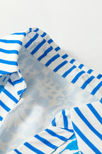 Sky Blue Contrast Striped Trim Floral Shift Fit Fall Dress