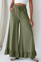 Black Ruffled Wide Leg Pull On High Waist Pants with Pockets