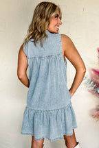 Beau Blue Bowknot Neck Sleeveless Ruffled Chambray Dress